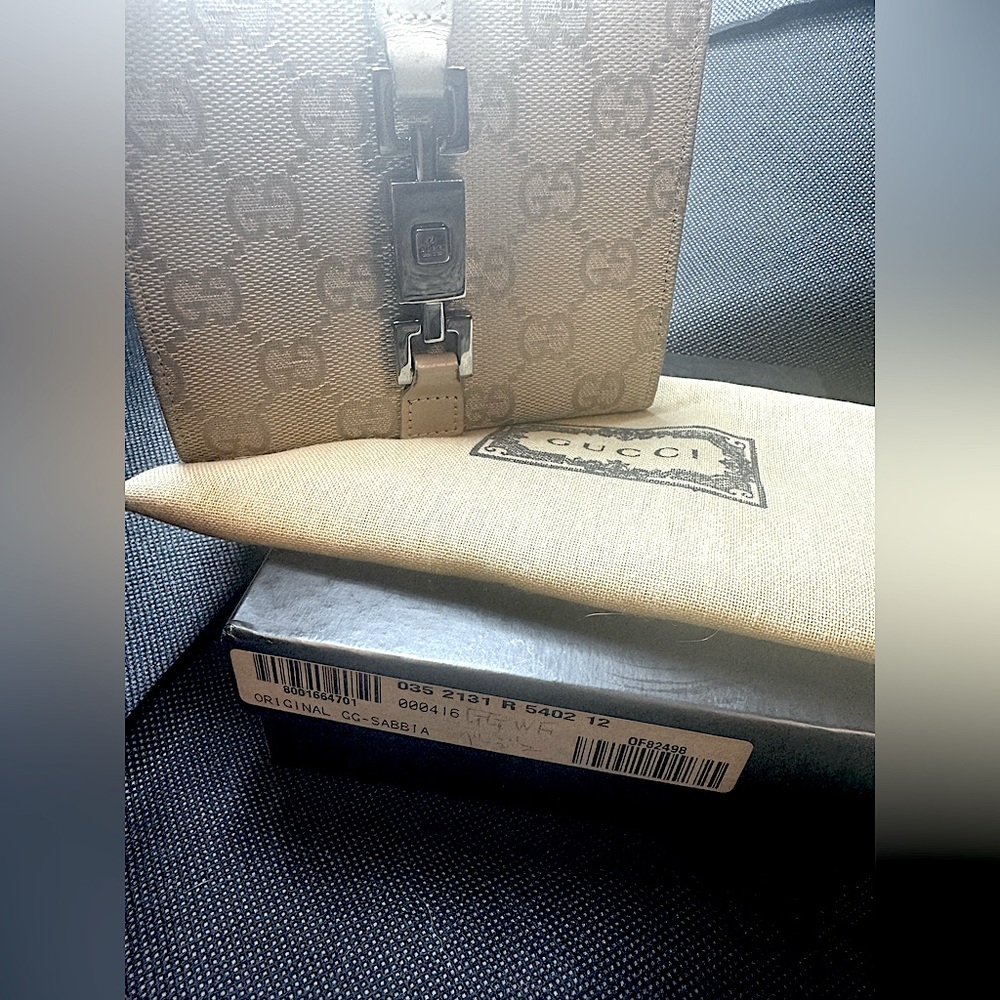 Gucci Monogram Wallet FULL SET Silver Chain Clasp Vintage GG Sabbia Sand color - Picture 10 of 14